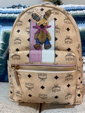 MCM Beige Logo Backpack with Studded Bunny Motif